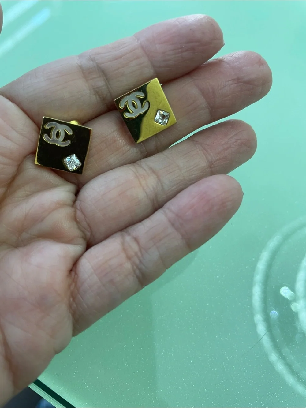 CHANEL Gold Square CC Logo Stud Earrings with Crystal